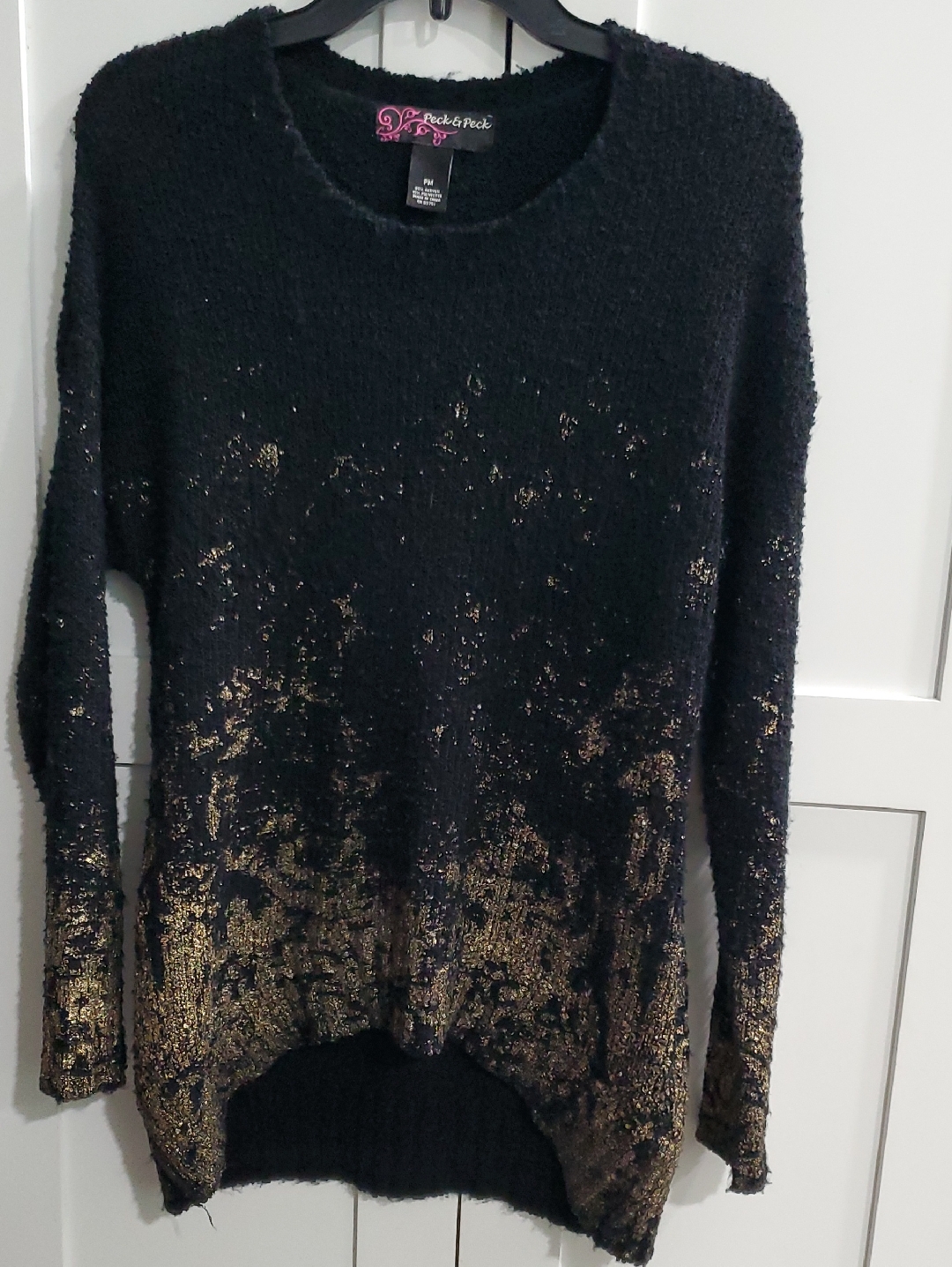 Peck & Peck Black Crewneck Sweater With Gold Metallic Accents